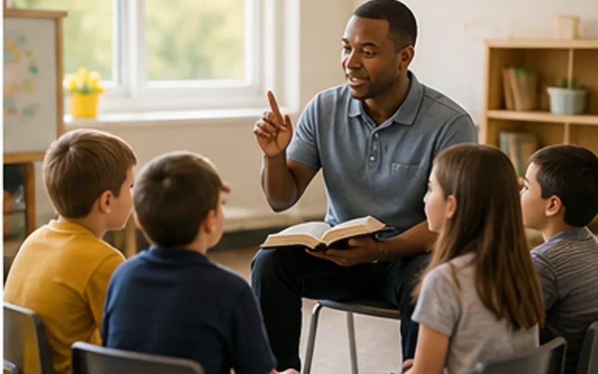 Church program leader teaching children