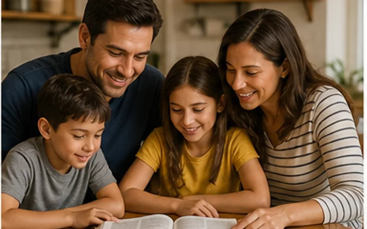 Family at the kitchen table studying the Bible