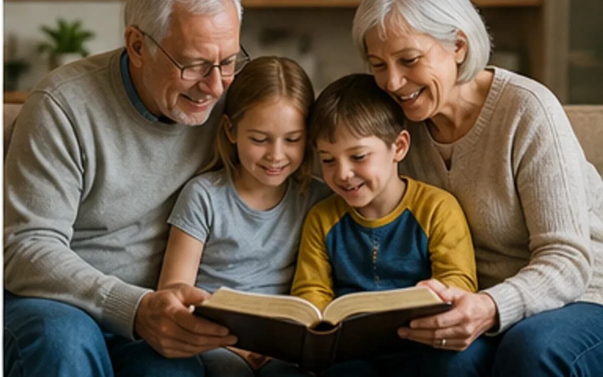 Grandparents reading the Bible with children