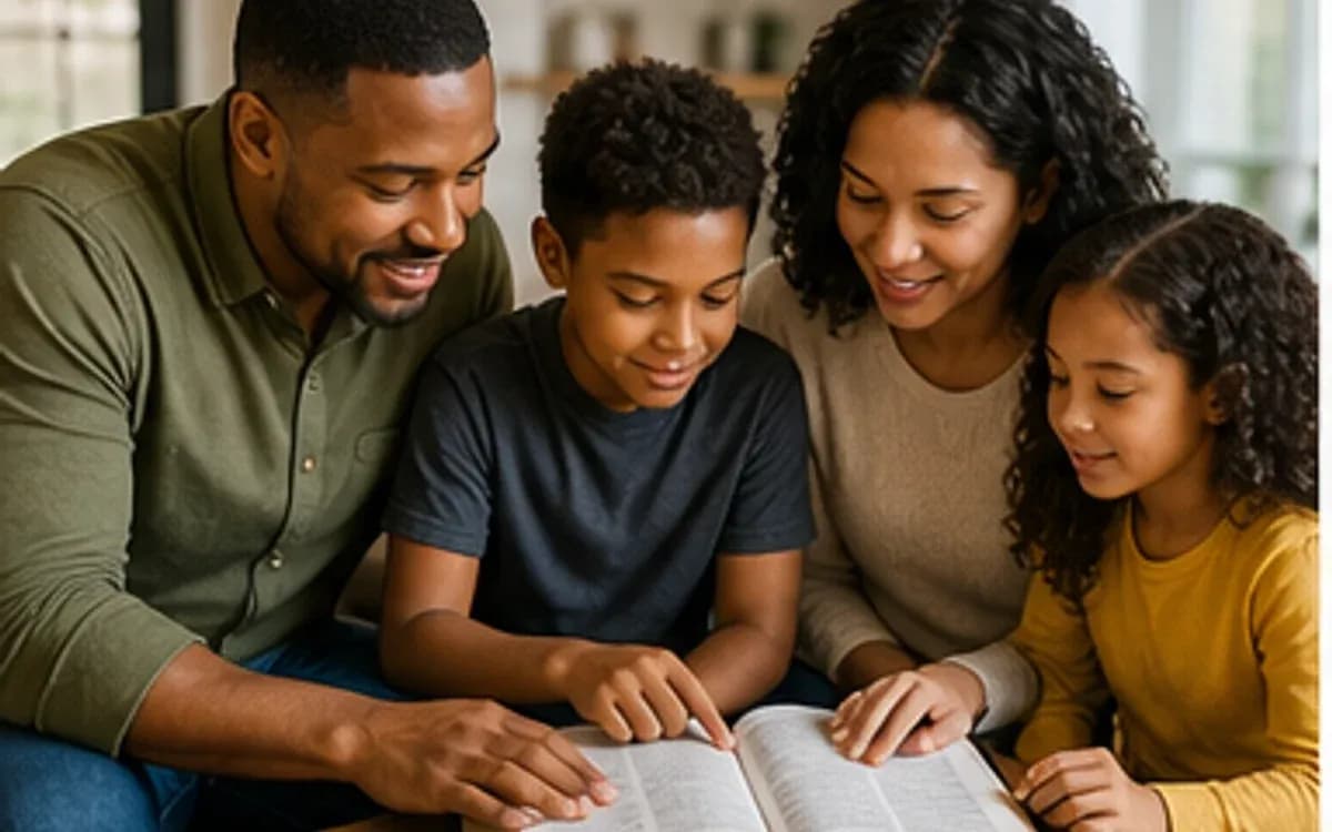 Family gathered around an open Bible
